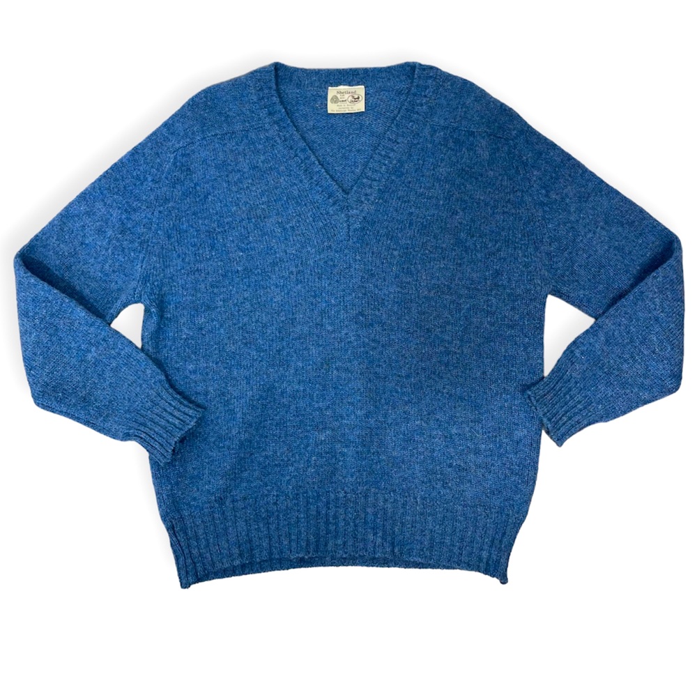 Vintage Shetland Pure New Wool V-Neck Sweater Blue Made In Scotland Classic 40 L - Picture 4 of 16